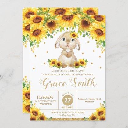 Bunny Rabbit Sunflower Floral Baby Shower Girl  Invitation