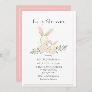 Bunny Rabbits Pink Modern Baby Shower Invitation