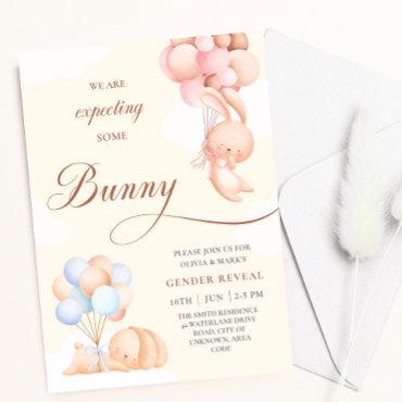 Bunny Rabbits with Blue Pink Balloon Gender Reveal