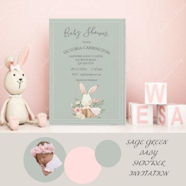 Bunny Watercolor Floral Green Girl Baby Shower