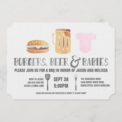Burgers, Beer 'n Babies -Pink Baby Shower Invitation