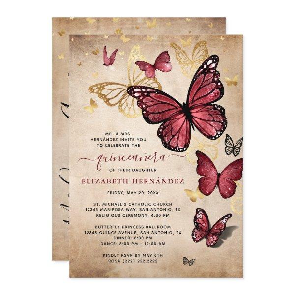 Burgundy and Gold Butterfly Quinceanera Birthday