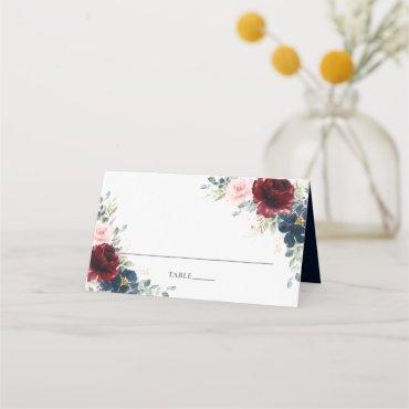 Burgundy Blush Blue Floral Wedding Guest Name    Place Card