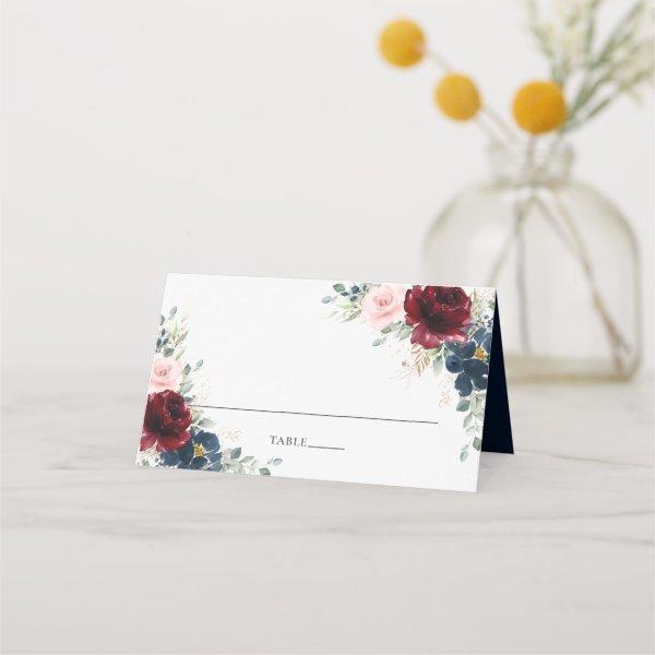 Burgundy Blush Blue Floral Wedding Guest Name    Place Card