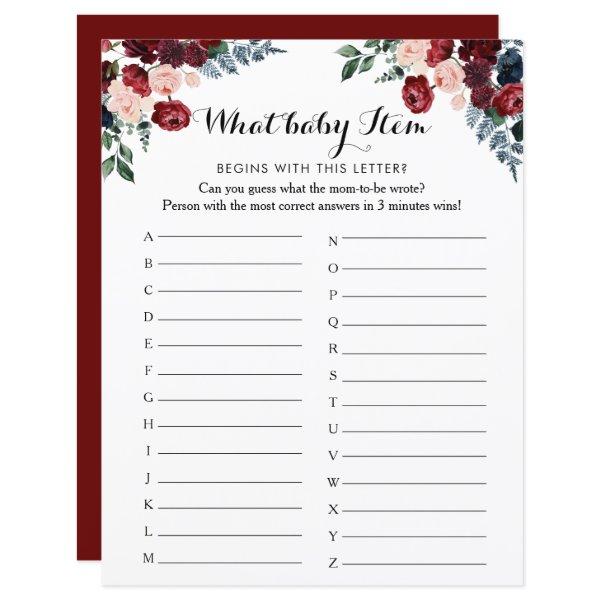 Burgundy Pink Navy Floral ABC Baby Shower Game