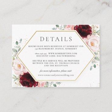 Burgundy Red Blush Pink Floral Wedding Details     Enclosure Card