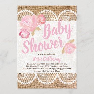 Burlap and Lace Shabby Chic Baby Shower Invitation