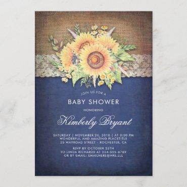 Burlap Lace Sunflower Navy Rustic Baby Shower Invitation