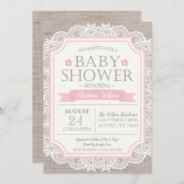 Burlap Pink & Lace Baby Shower Invitation