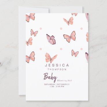 Butterflies Peach & White Baby Shower By Mail  Invitation