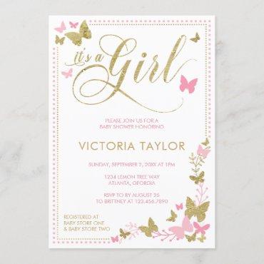 Butterfly Baby Shower Invitation, Pink, Gold Invitation