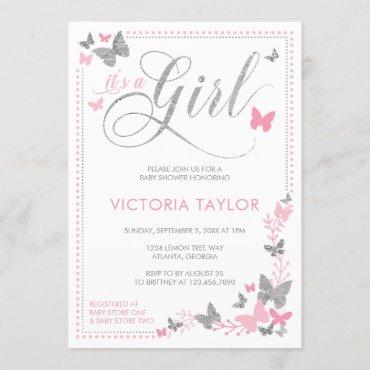 Butterfly Baby Shower Invitation, Pink, Silver Invitation