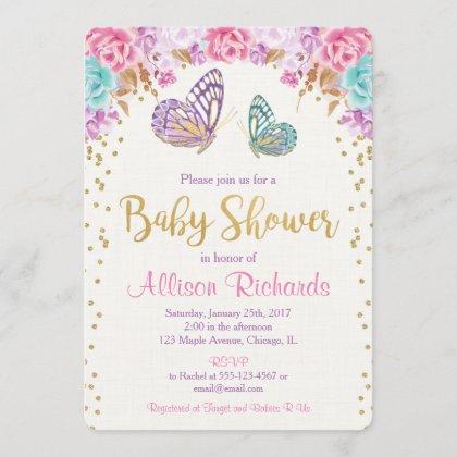 Butterfly baby shower, pink purple gold girl invitation