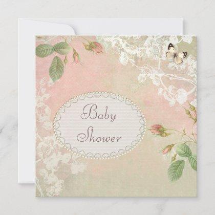 Butterfly & Flowers Shabby Chic Baby Shower Invitation