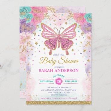 Butterfly Pink Purple Teal Rainbow Baby Shower Invitation