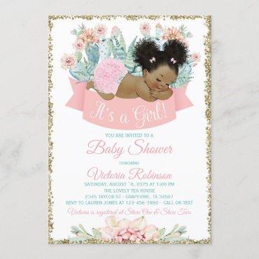 Cactus African American Afro Girl Baby Shower Invitation