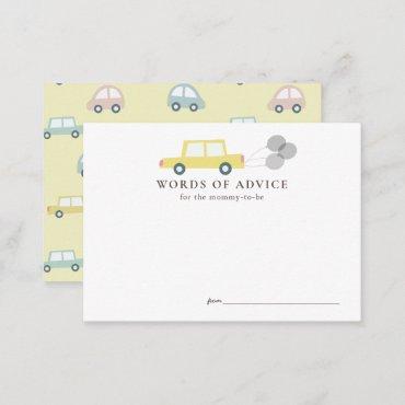 Car with Balloons Yellow Baby Shower Advice Enclosure Card