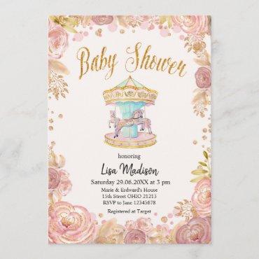 Carousel Pink Glitter Horse Baby Shower Invitation