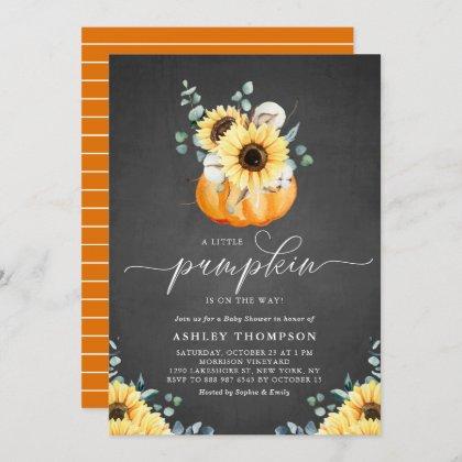 Chalkboard Pumpkin and Sunflower Fall Baby Shower Invitation