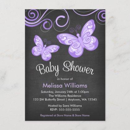 Chalkboard Purple Butterfly Swirls Baby Shower Invitation