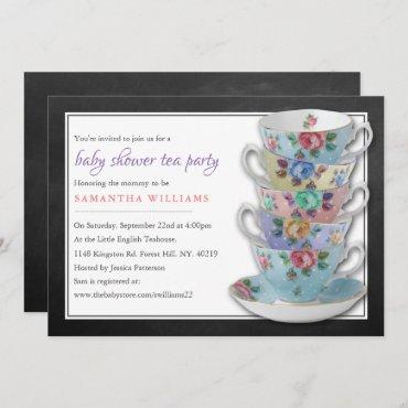 Chalkboard Teacups Baby Shower Tea Party Invitation
