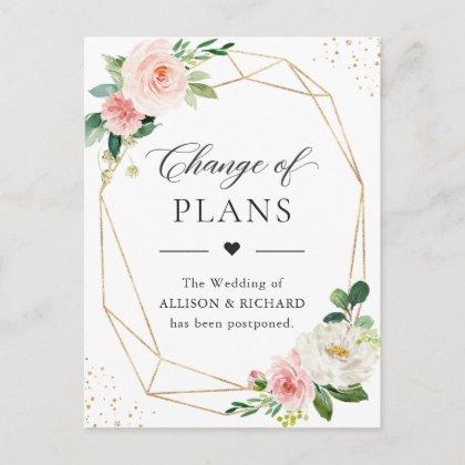 Change of Plans Gold Geometric Blush Pink Floral Postcard