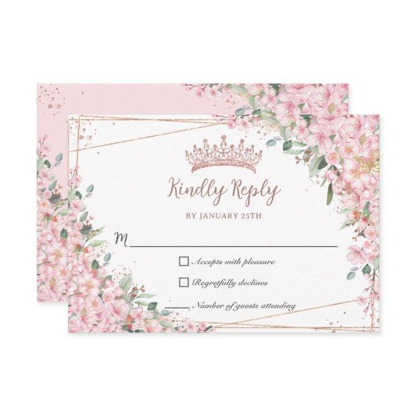 Cherry Blossoms Rose Gold Sweet 16 Quinceañera XV RSVP Card