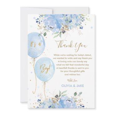 Chic Blue Floral Balloons Gold Boy Baby Shower Thank You Card