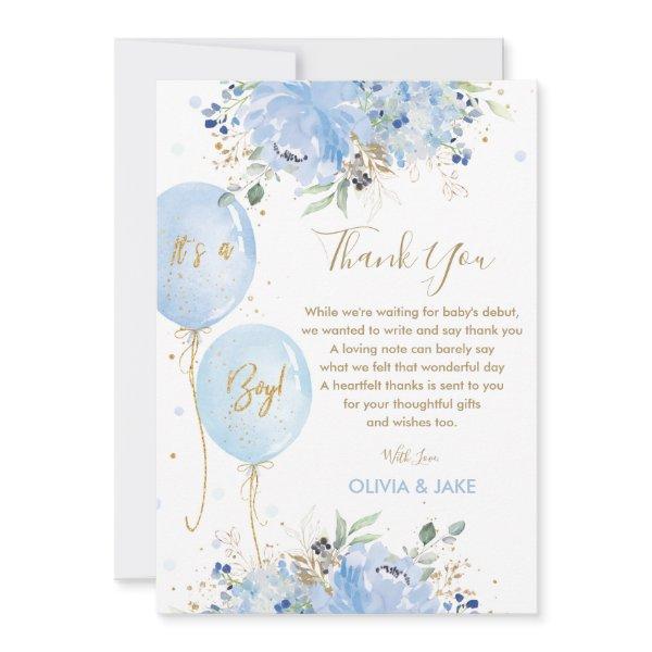 Chic Blue Floral Balloons Gold Boy Baby Shower Thank You Card
