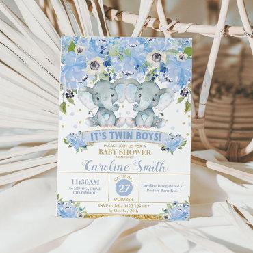 Chic Blue Floral Elephant Twins Baby Shower Boys