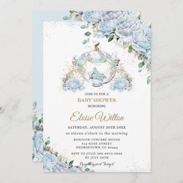 Chic Blue Roses Princess Carriage Baby Shower Invitation
