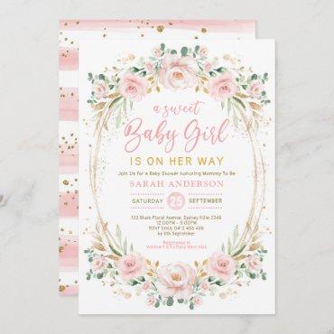 Chic Blush Gold Pink Floral Sweet Baby Girl Shower Invitation