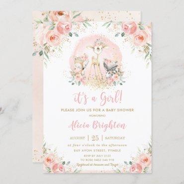 Chic Blush Pink Floral Woodland Girl Baby Shower Invitation