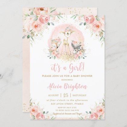 Chic Blush Pink Floral Woodland Girl Baby Shower Invitation