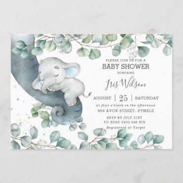 Chic Elephant Leafy Greenery Baby Shower Boy Invitation