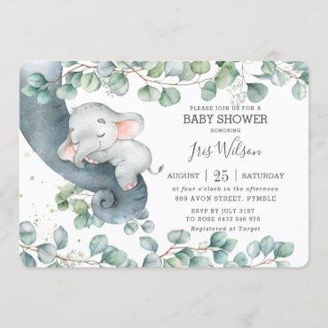 Chic Elephant Leafy Greenery Baby Shower Girl Invitation