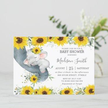 Chic Elephant Sunflower Floral Baby Shower Girl Invitation