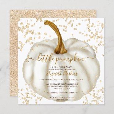 Chic gold glitter pumpkin watercolor baby shower invitation