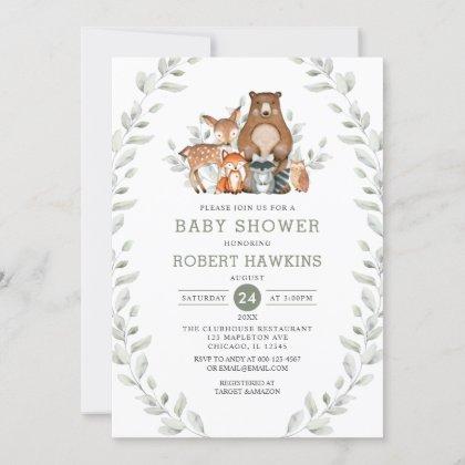Chic Greenery Forest Woodland Animals Baby Shower Invitation