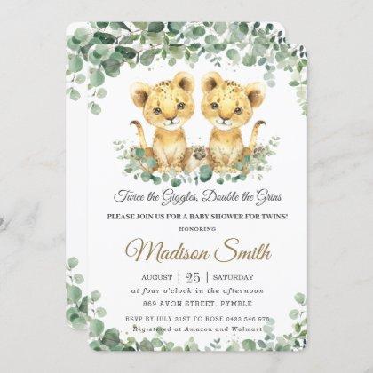 Chic Greenery Lion Cubs Twins Boys Baby Shower Invitation