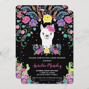 Chic Llama Mexican Floral Baby Shower Chalkboard Invitation