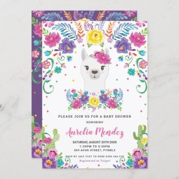 Chic Llama Mexican Floral Baby Shower Girl  Invitation