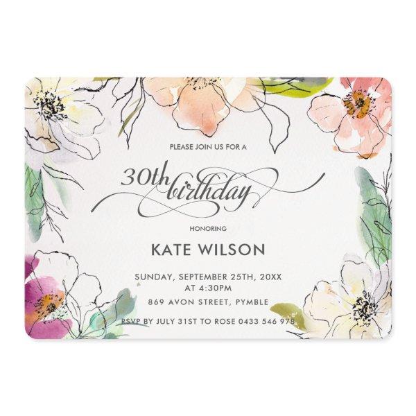 Chic Modern Elegant Watercolor Floral Birthday