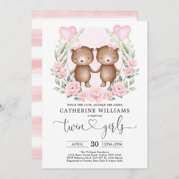 Chic Pink Floral Teddy Bear Twin Girls