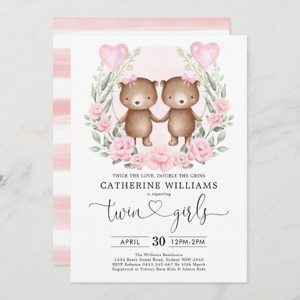 Chic Pink Floral Teddy Bear Twin Girls