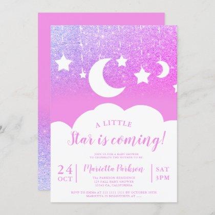 Chic pink glitter star moon cloud baby shower invitation