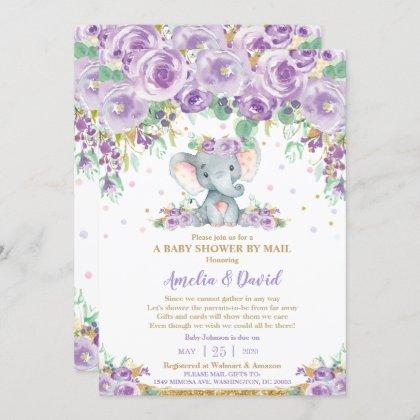 Chic Purple Floral Elephant Baby Shower by Mail Invitation