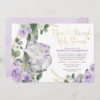 Chic Purple Floral Elephant Drive By Baby Shower Invitation