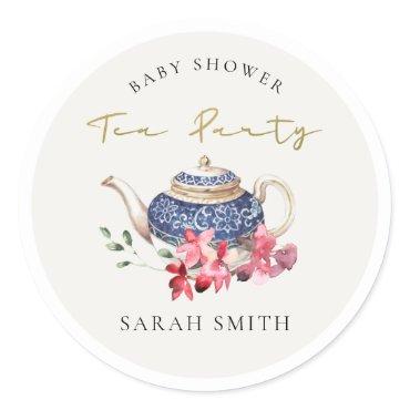 Chic Red Blue Floral Teapot Baby Shower Tea Party Classic Round Sticker