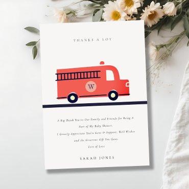 Chic Red Navy Fire Truck Engine Baby Shower Thank You Card